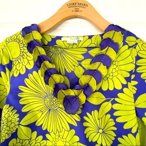 Boden Floral Print Chartreuse + Purple Shift Dress